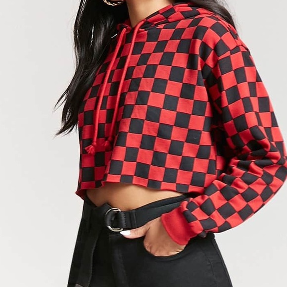 Forever 21 Sweaters - Red and black checkered crop hoodie.